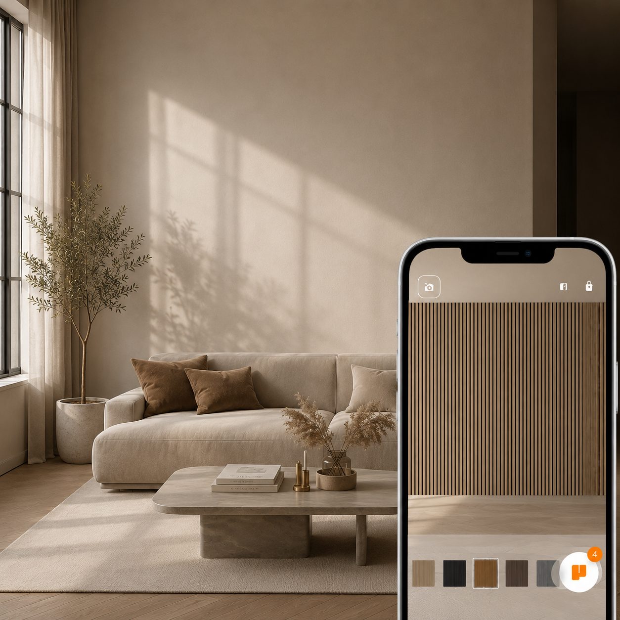 Visualizer på telefon foran akustikpanel